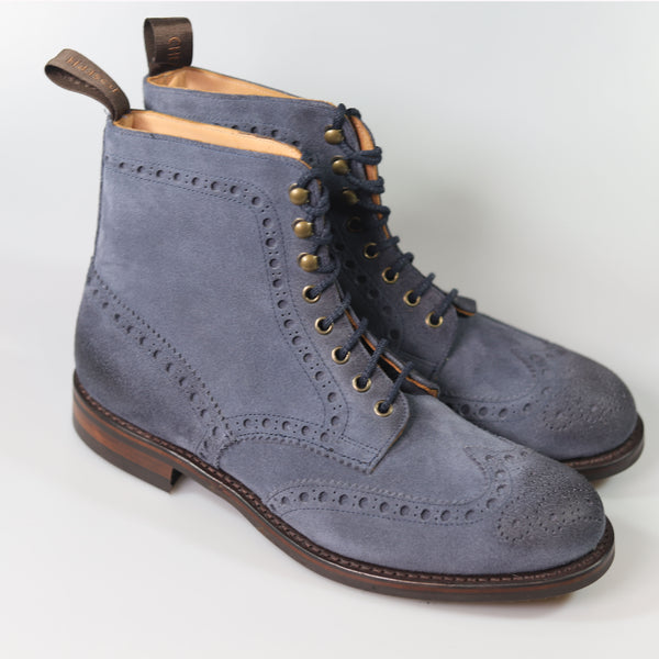 Lough Erne Wingcap Brogue Boot in Denim Suede