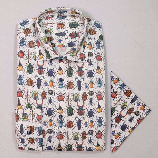 Shirt with colorful beetle pattern on a light gray background